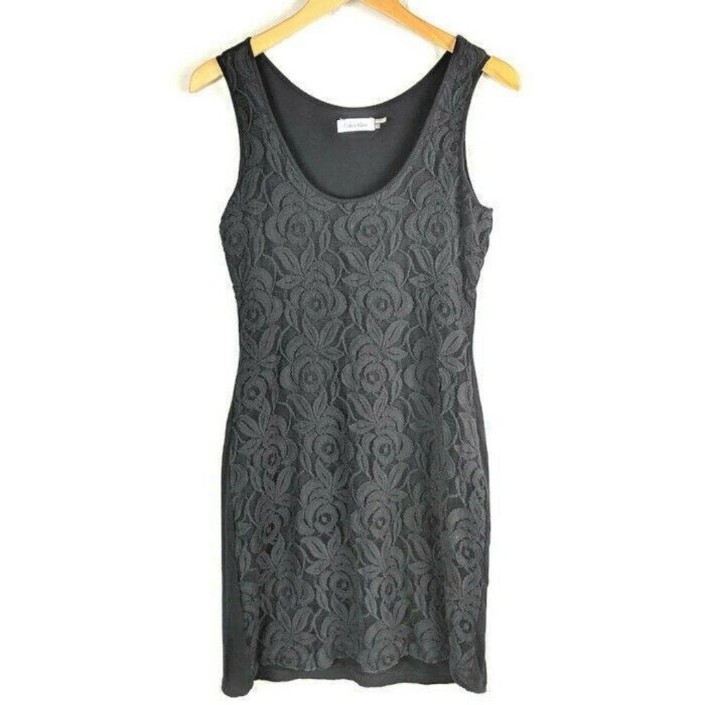 Calvin Klein Sheath Dress Womens 8 Black Sleeveless Form Fitting‎ Floral Stretch